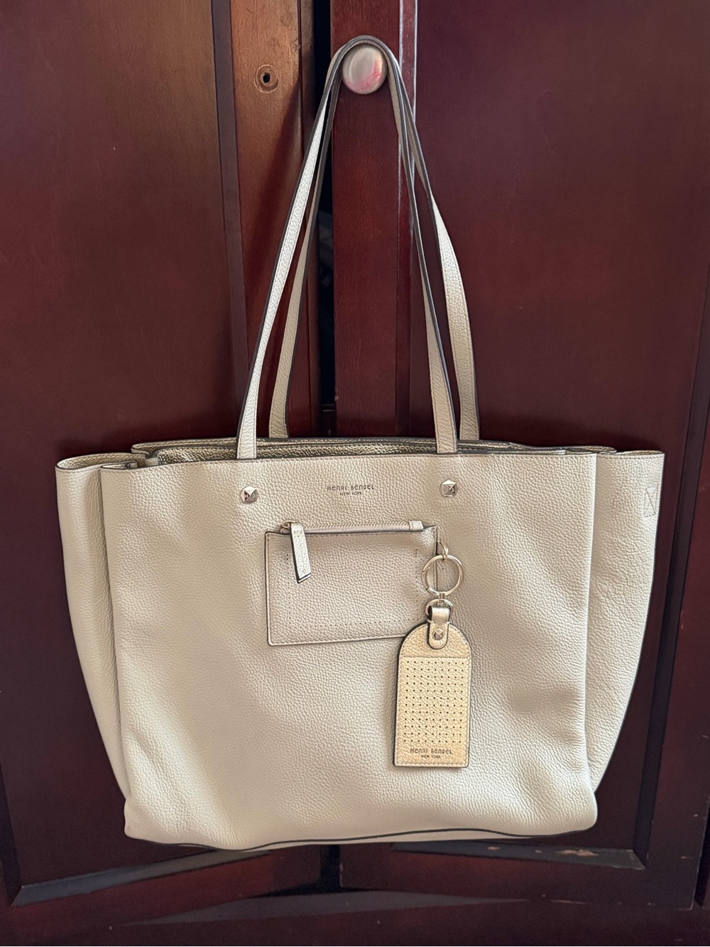 Henri Bendel Cream Pebbled Leather Tote with Striped Bendel Key Charm - Picture 2 of 12